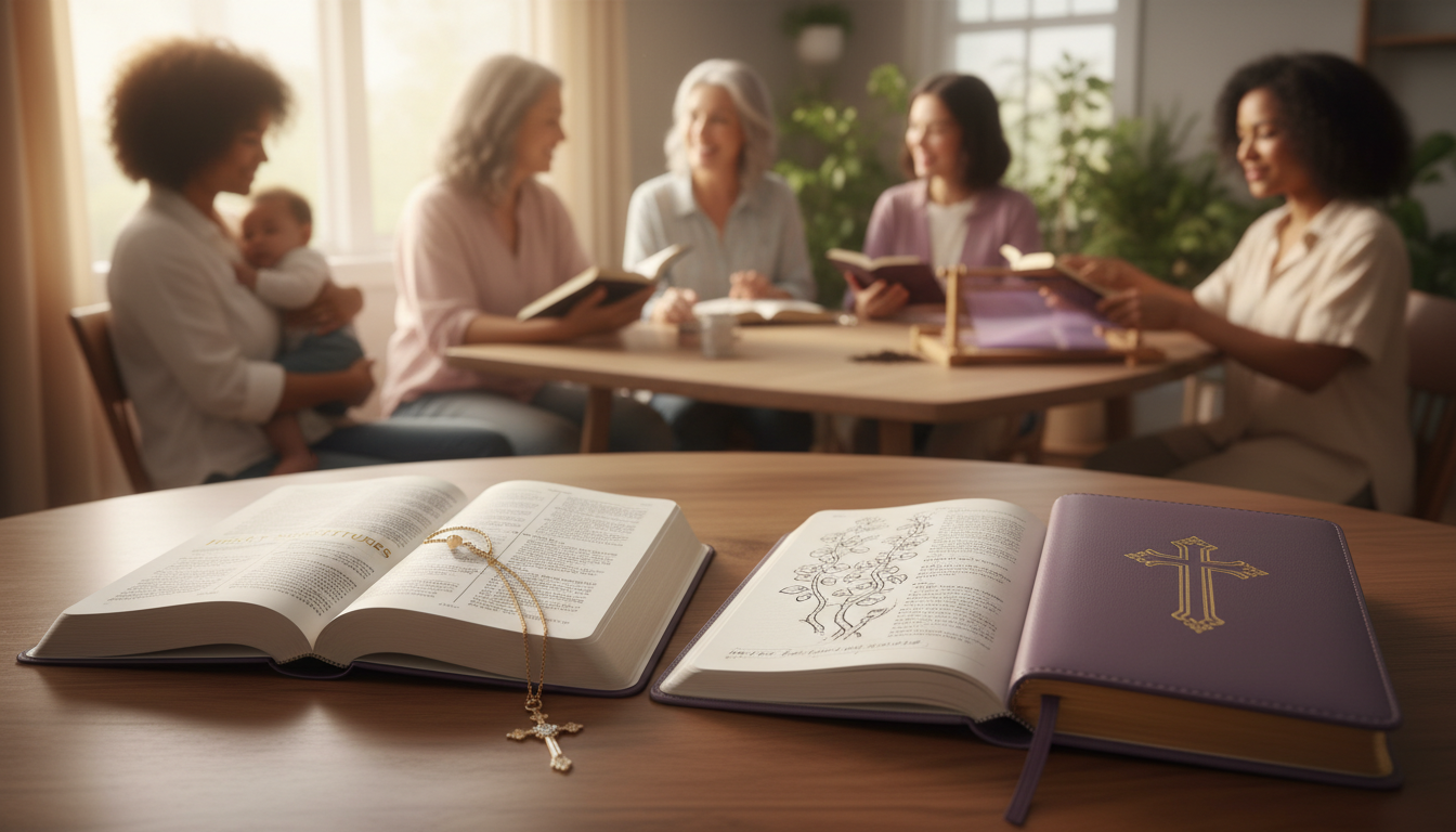 Close-up view of a Bible and journal on a wooden table
