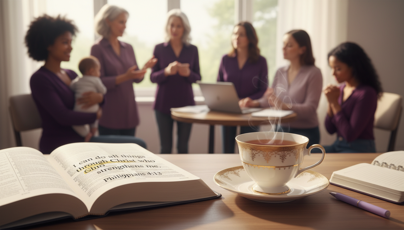 Close-up view of an open Bible with a highlighted verse and a cup of tea nearby