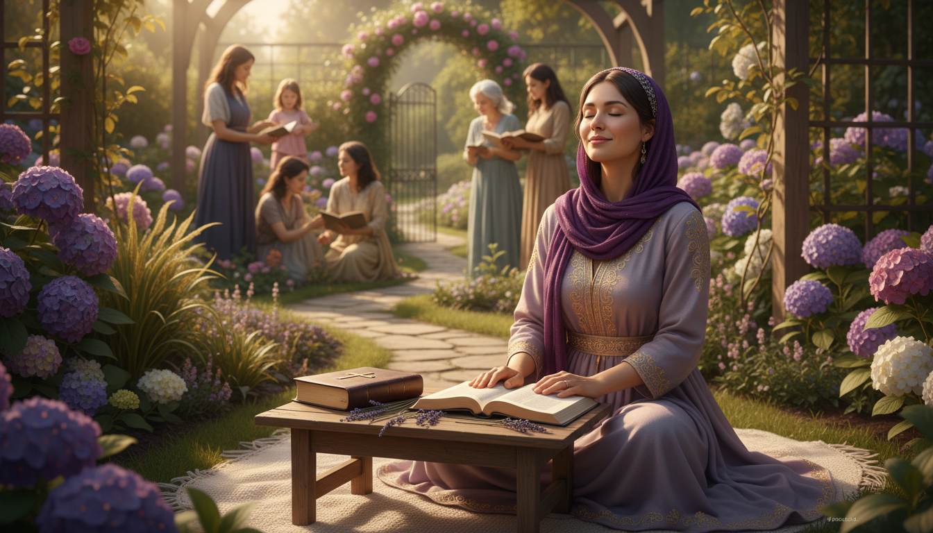 Eye-level view of a woman sitting peacefully in a sunlit garden