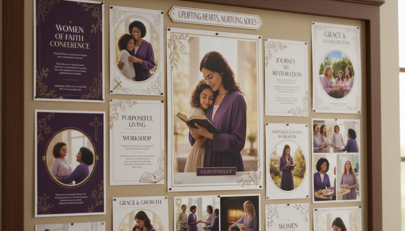 Close-up view of a church bulletin board with community event flyers