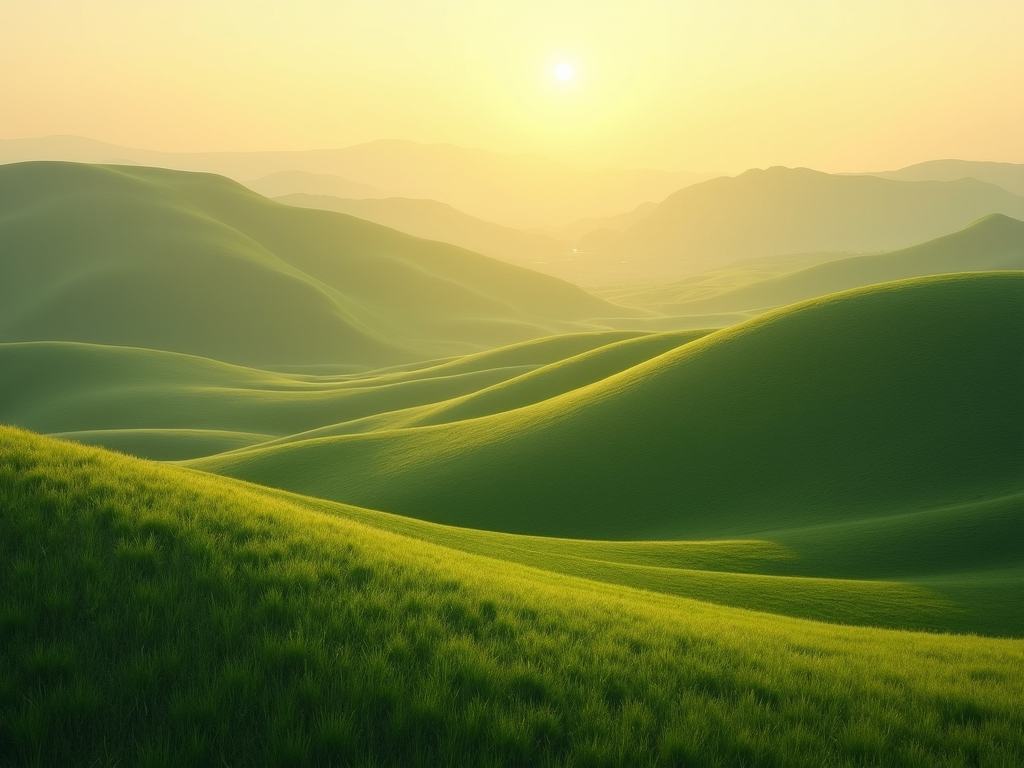 Soft light illuminating peaceful rolling green hills and quiet waters.