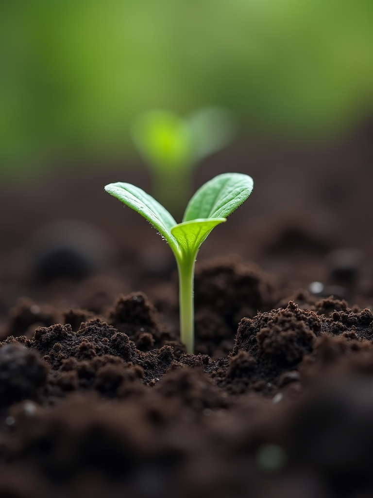 A young green sprout breaking through dark soil symbolizing new beginnings and faith.